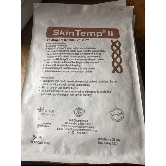 5 Pieces Collagen Sheet Skin Temp II 7'' X 7'' SEALED Exp. 01/2028 SKINTEMP